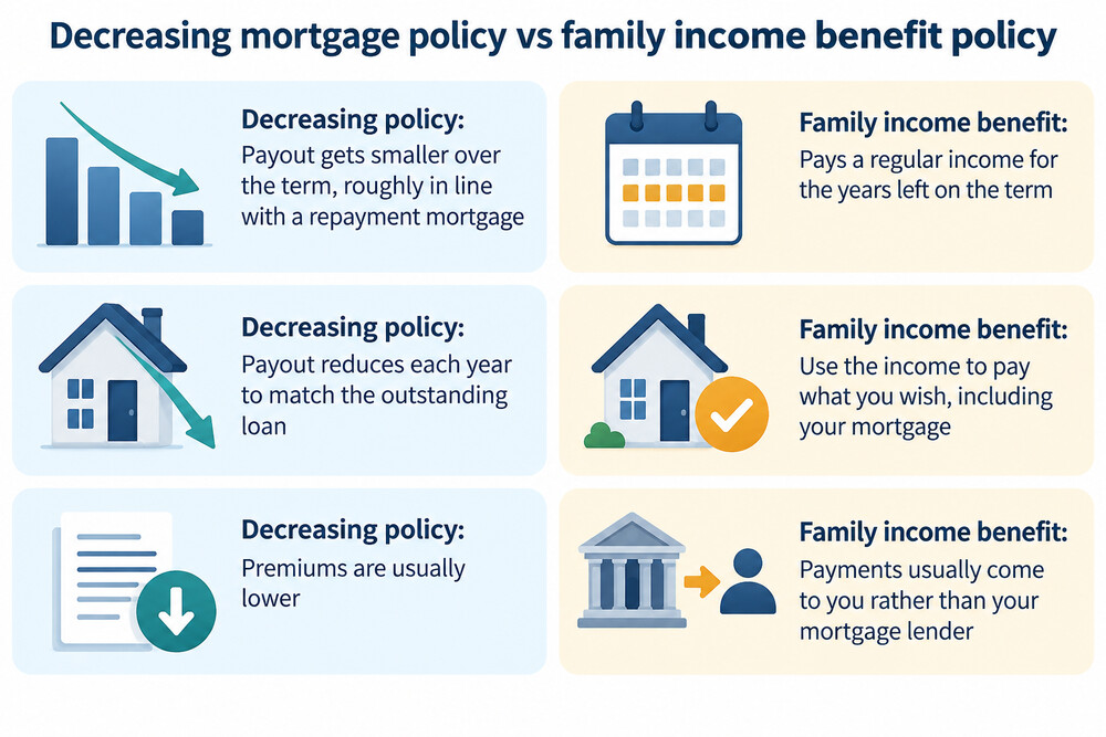 A side by side comparison of a decreasing mortgage policy and a family income benefit policy