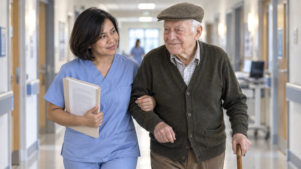 A nurse walks a hospital corridor steadying an older man with a cane.
