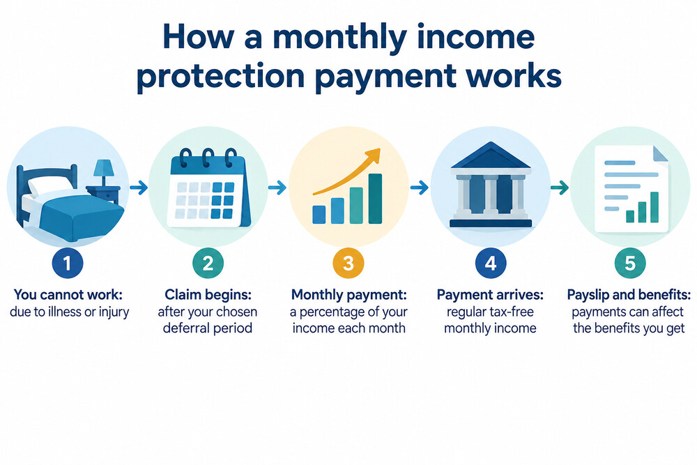 A simple diagram showing a monthly income protection payment arriving alongside a payslip
