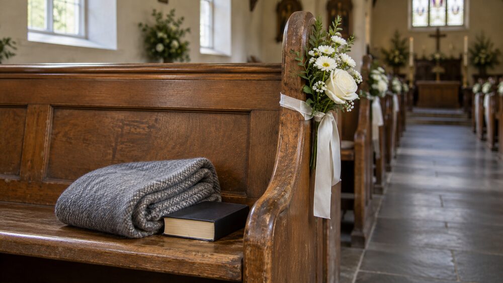 Blanket, hymn book and white flowers on a church pew in a quiet chapel.
