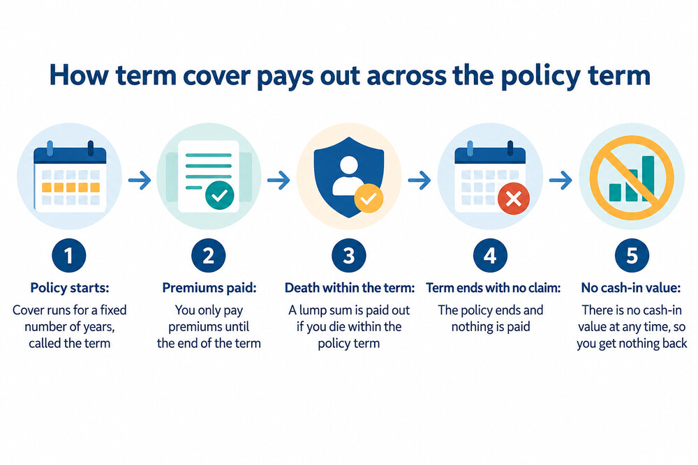 A timeline running from the start of a pension term assurance policy to the end of its term, showing the lump sum payable on death or on diagnosis of a terminal illness within the term, and nothing paid if the policyholder survives to the end