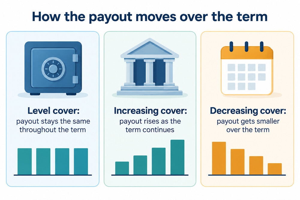 How the payout changes over the term under level, increasing and decreasing cover