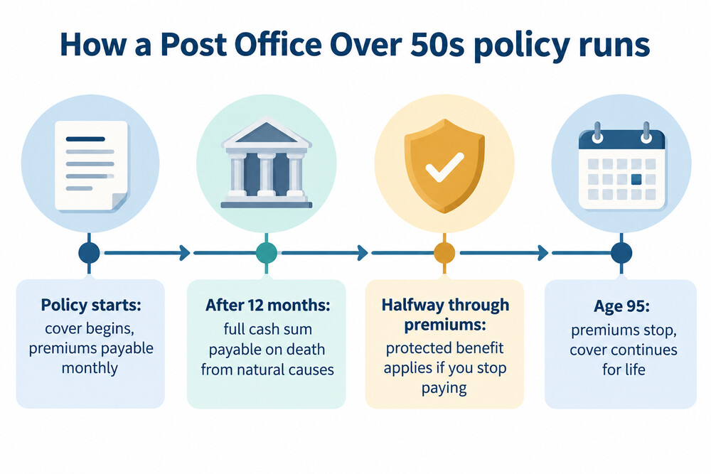 A timeline showing the deferred period, the payment period and when premiums stop