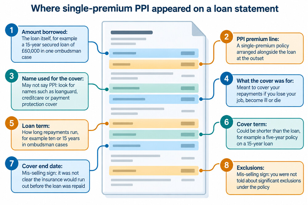 A single-premium PPI charge shown on an old loan statement, with the insurance cost added to the amount borrowed