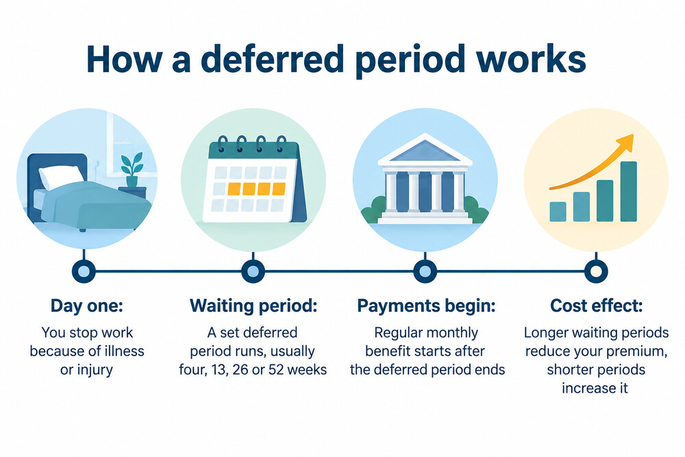 A timeline showing a deferred period running from the first day off work to the point payments begin