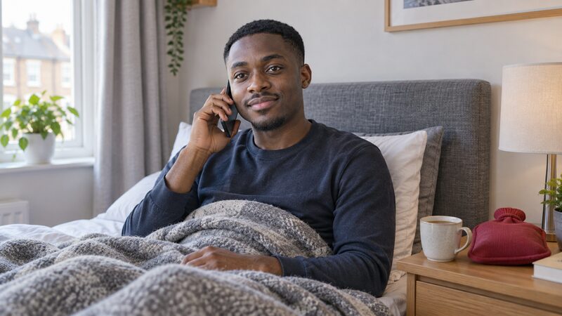 A young man sits up in bed holding a phone, a mug and hot-water bottle beside him.