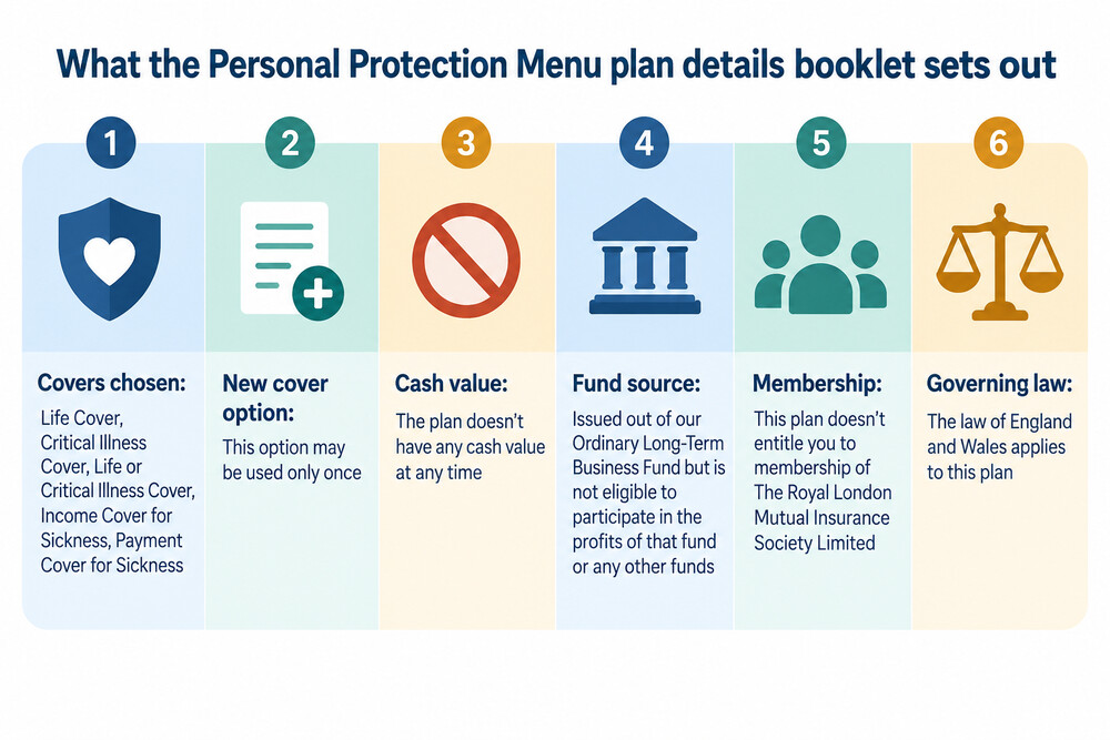 A page from a Royal London Personal Protection Menu plan details booklet showing the list of covers