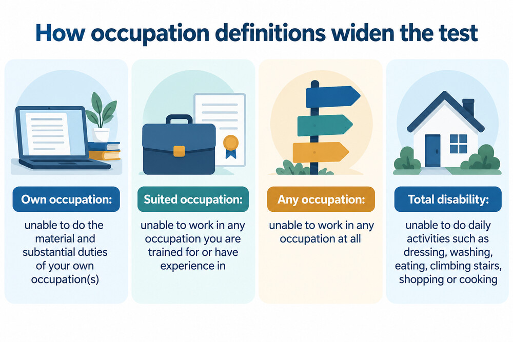 A comparison of own occupation, suited occupation and any occupation definitions showing how each widens the test