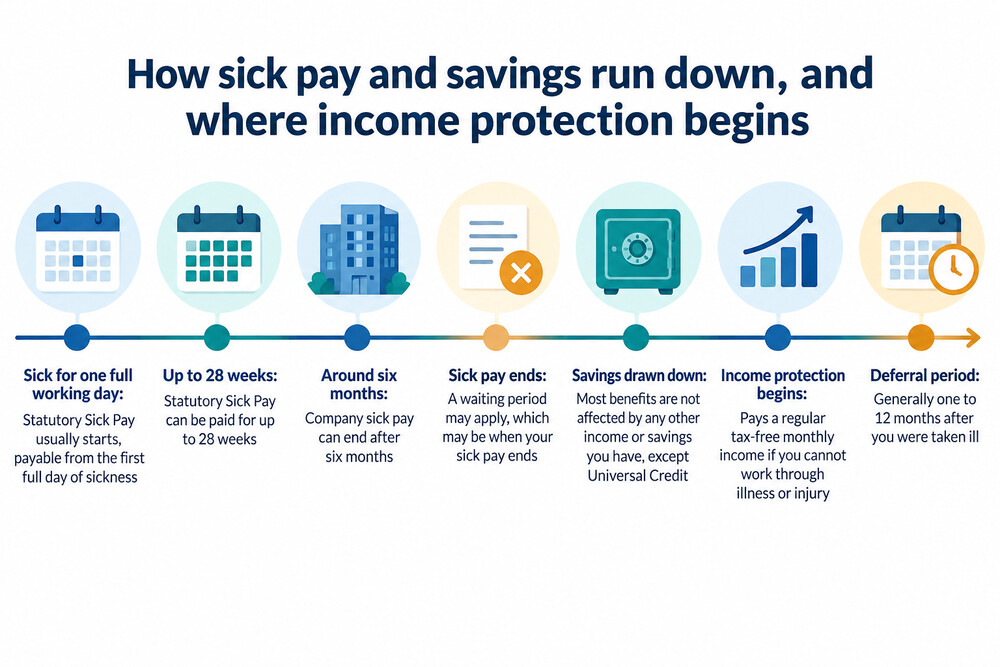 A simple timeline showing sick pay ending and savings being drawn down