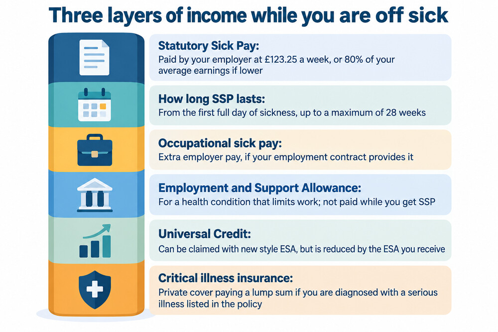 A stacked diagram showing the layers of support available when illness stops someone working, from employer sick pay at the top to state benefits and insurance below
