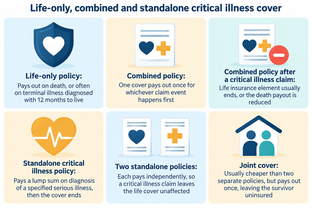 A simple side-by-side of a life-only policy, a combined policy and two standalone policies