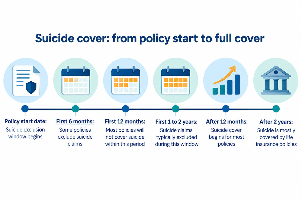 A timeline showing a life insurance policy's first year, the exclusion window, and the point at which suicide cover begins