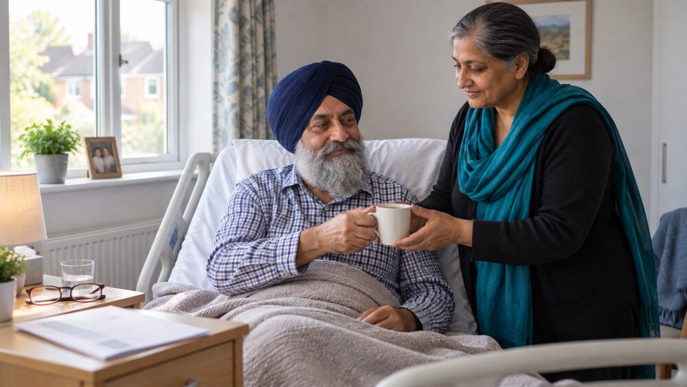 Man in a hospital-style bed at home is handed tea by a woman, a policy letter nearby.