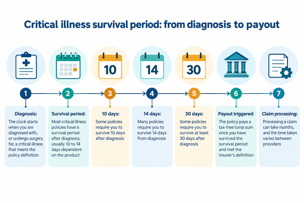 A timeline showing a diagnosis date, the 14-day survival period, and the point at which the payout is triggered