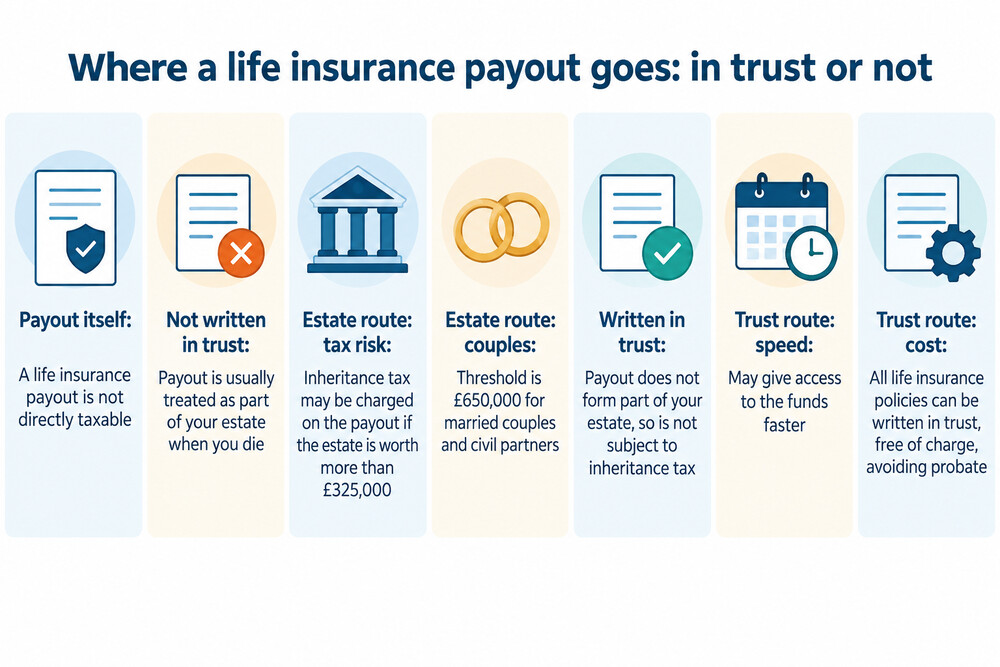 A life insurance payout either flowing into the deceased's estate for Inheritance Tax or passing directly to beneficiaries through a trust