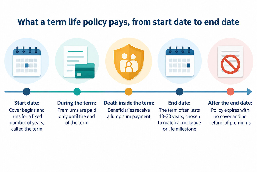 A timeline showing a 25 year term policy with premiums paid throughout and the policy simply ending with no payout at the end of the term