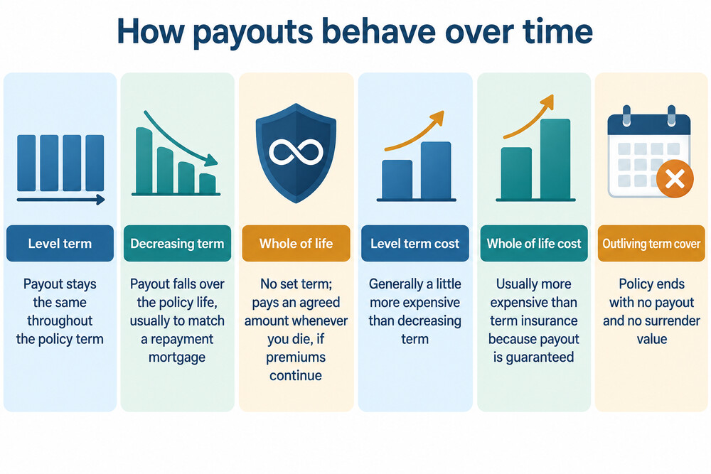 A diagram showing how level, decreasing and whole of life payouts behave over time