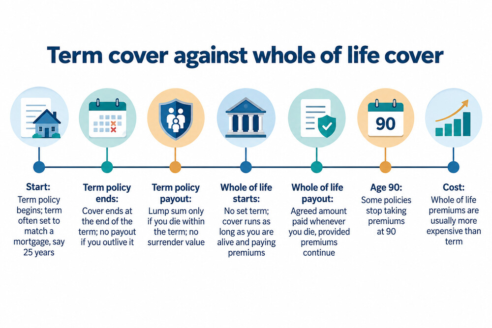 A timeline comparing a 25-year term policy with whole of life cover running to age 90