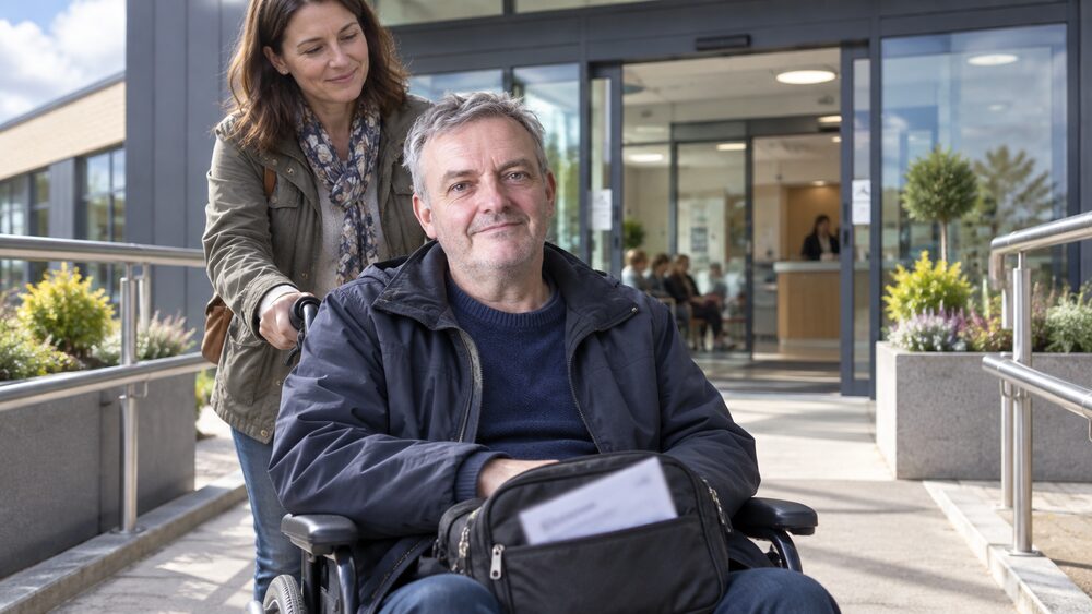 Wheelchair user is pushed up a ramp to a health centre entrance, a letter on his lap.