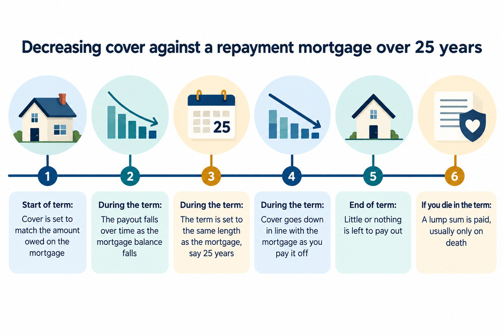 A line graph showing a repayment mortgage balance falling over 25 years alongside a decreasing life insurance payout tracking it down