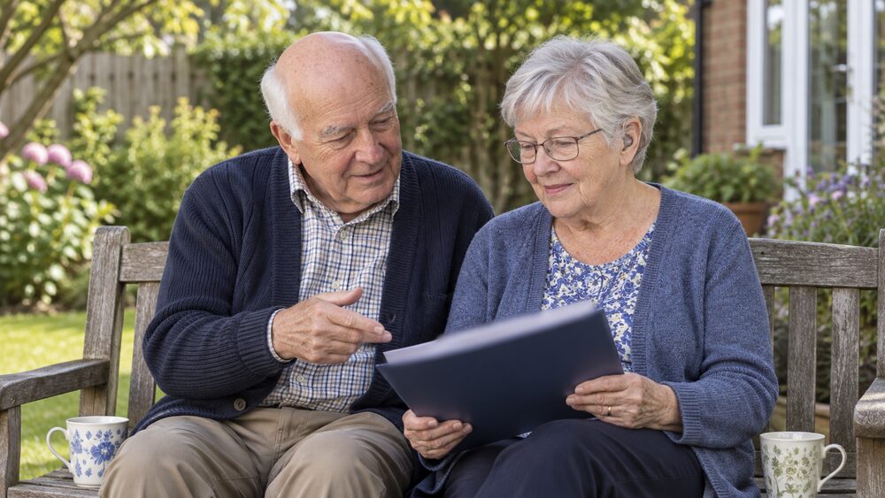 An older couple sit on a garden bench discussing a policy folder.