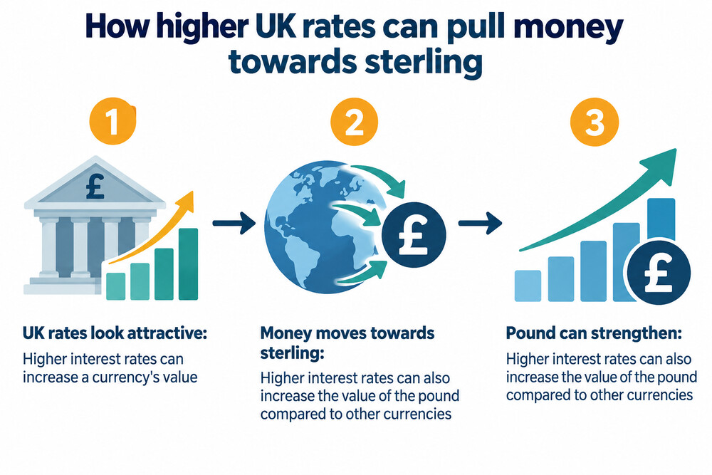 A simple diagram showing money moving towards sterling when UK interest rates look more attractive than rates elsewhere