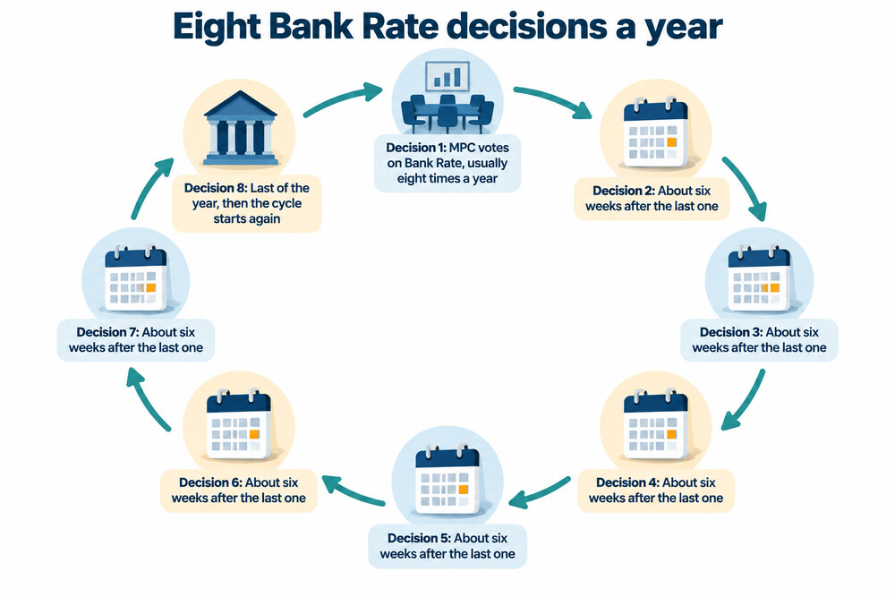 A calendar page showing the eight dates a year when the Monetary Policy Committee announces its Bank Rate decision