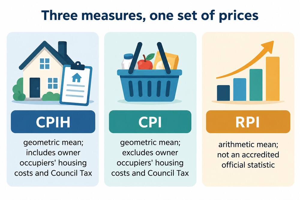 Side-by-side comparison of how CPIH, CPI and RPI treat the same prices