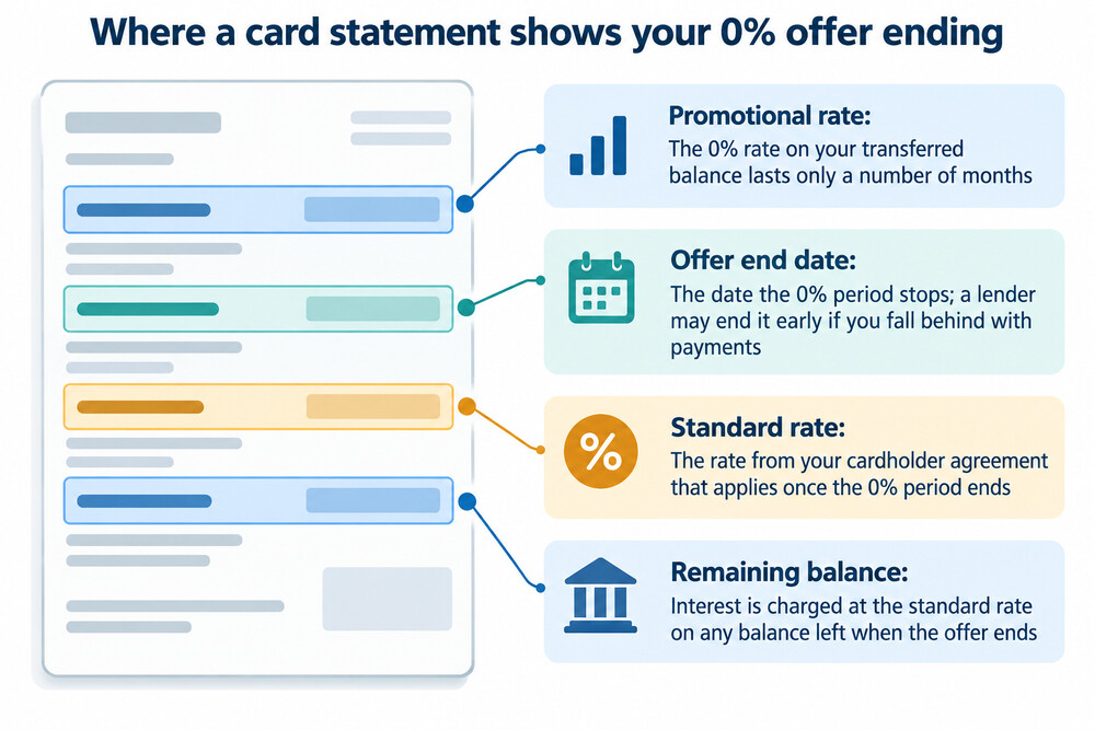 A credit card statement showing the date a 0% promotional offer ends