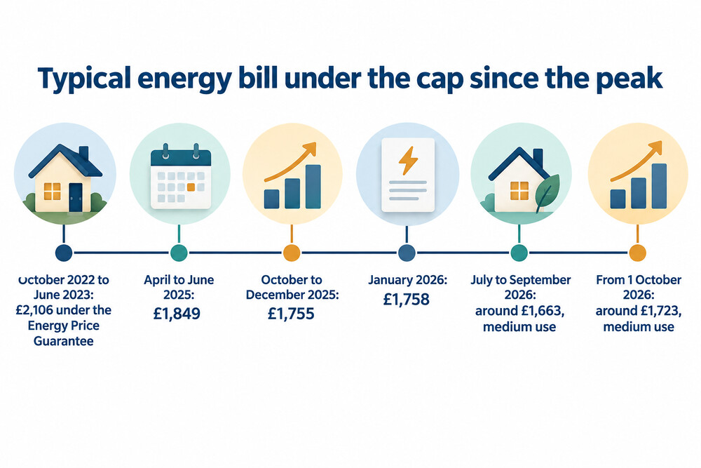 A timeline showing the typical annual energy bill under the price cap from the Energy Price Guarantee peak to October 2026