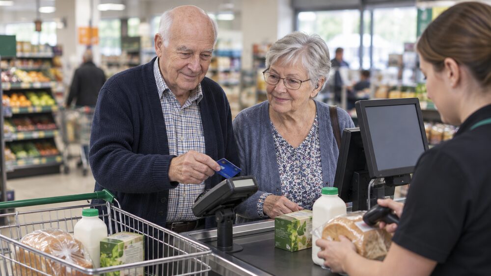 Retired couple at a supermarket checkout with a trolley of groceries and a bank card.