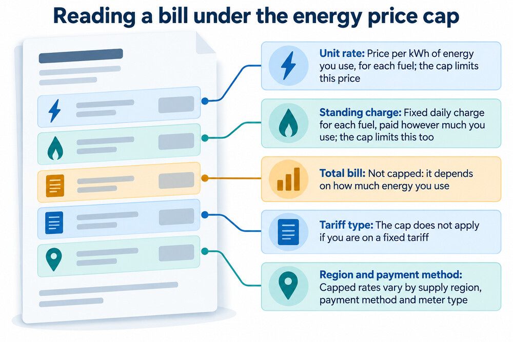 An energy bill showing the unit rate and the daily standing charge as separate lines
