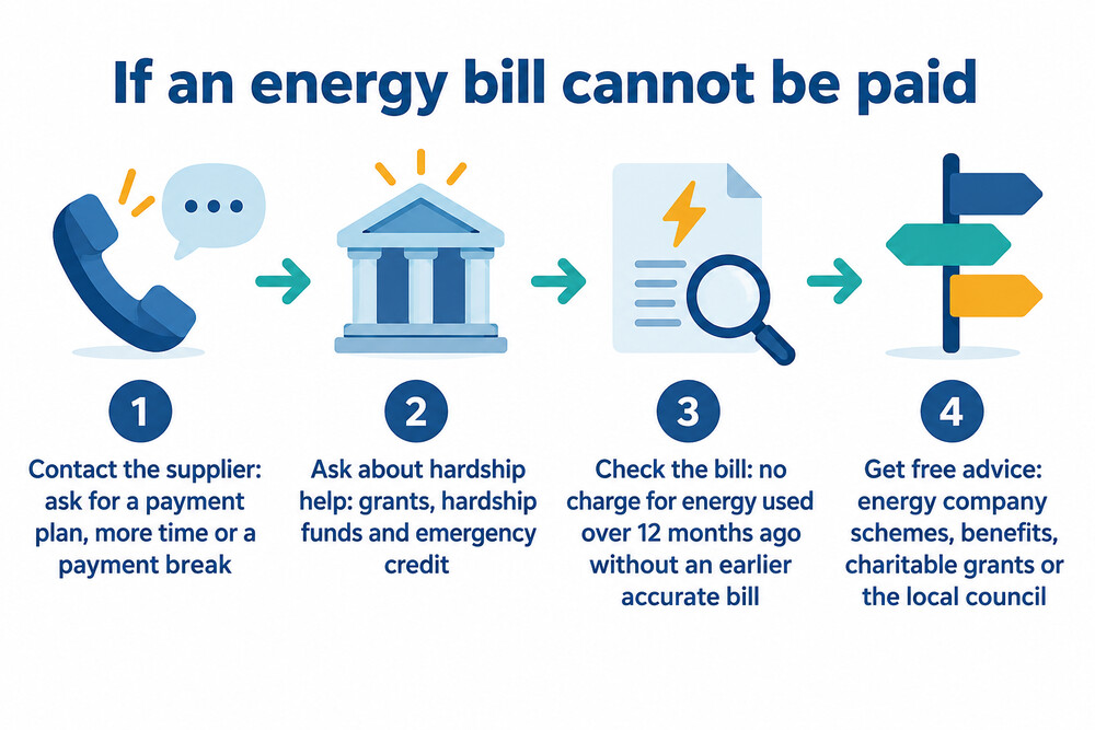 A flow showing the steps when an energy bill cannot be paid