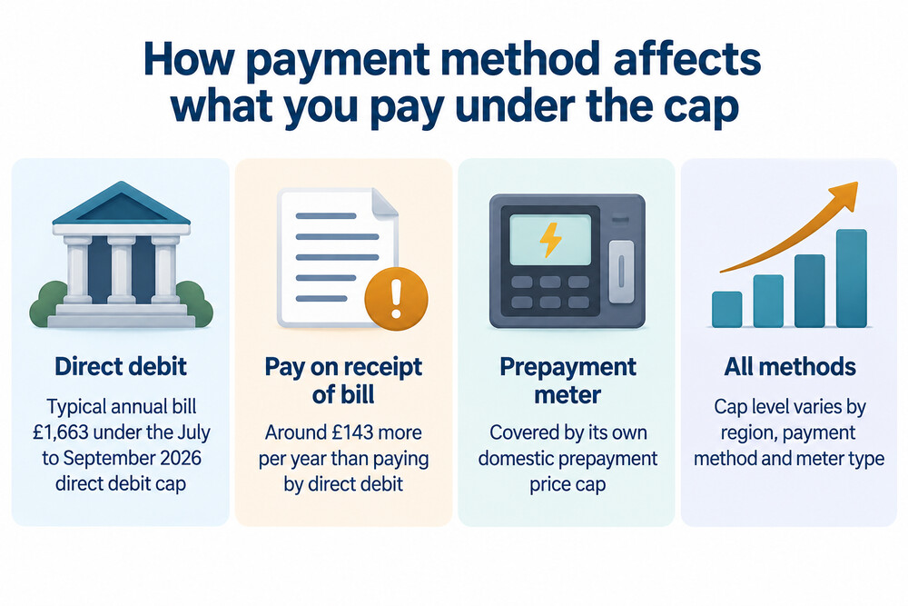 The three main ways of paying an energy bill: direct debit, standard credit and prepayment meter