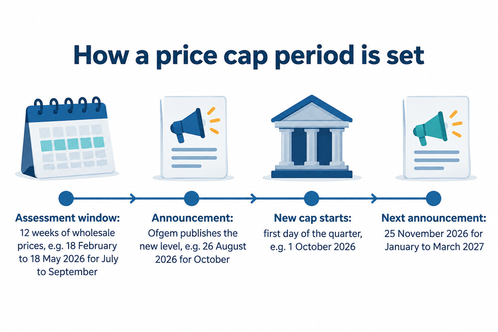 A timeline of the three-monthly price cap cycle from assessment to announcement to new prices