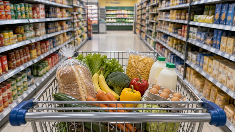 Supermarket trolley filled with groceries in an aisle, seen from the handle end.