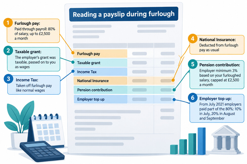 A payslip showing furlough pay at 80% of normal salary with the £2,500 cap applied