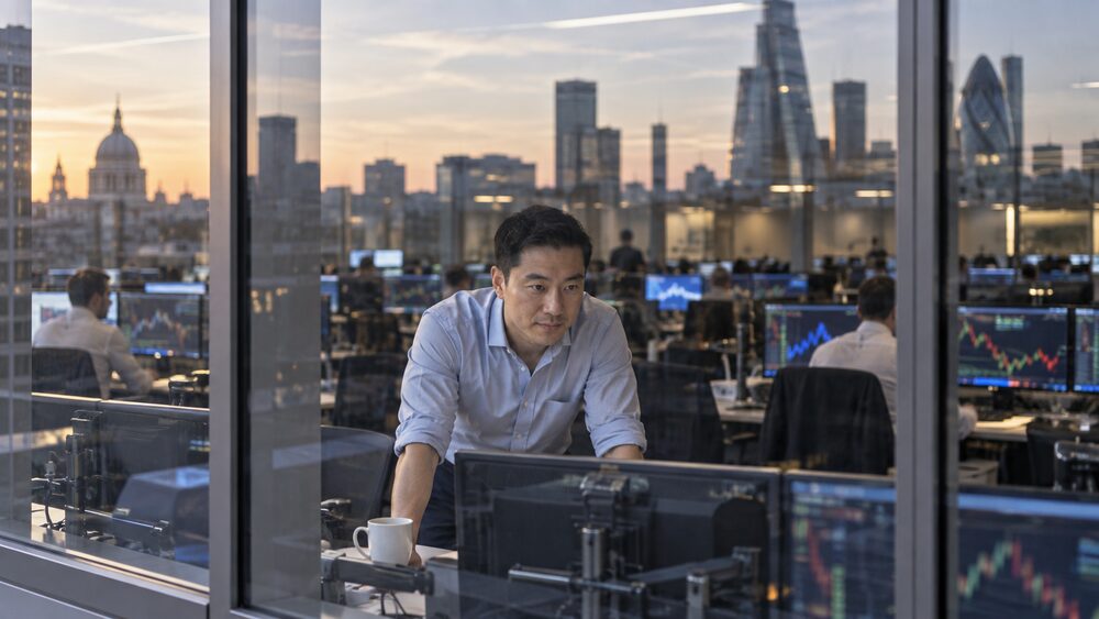 A man in shirtsleeves leans over a desk with glowing monitors on a city trading floor.