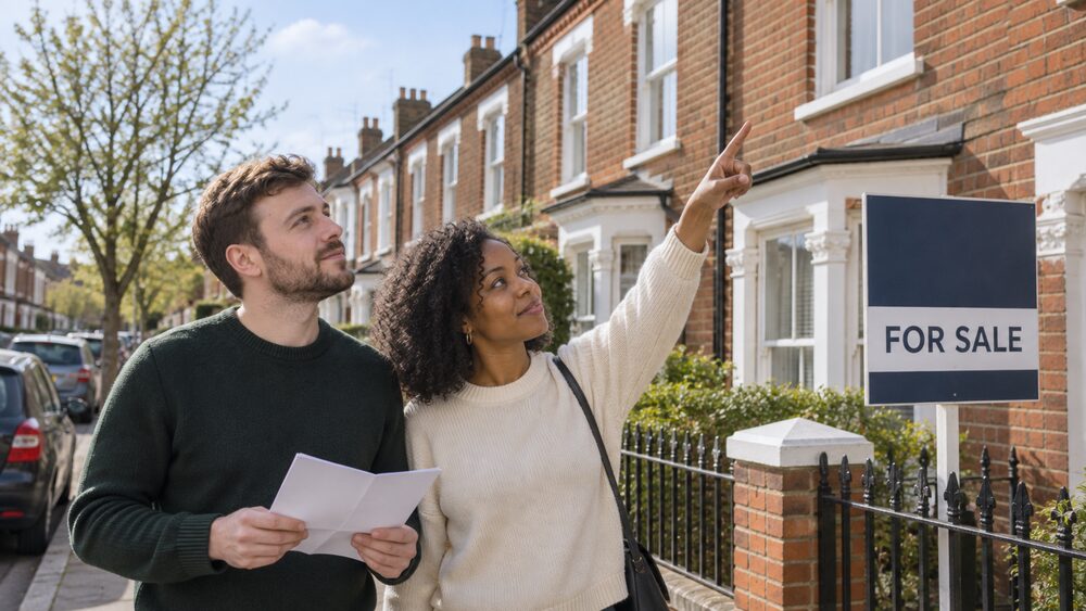 A couple look up at a terraced house with a for sale board on a residential street.