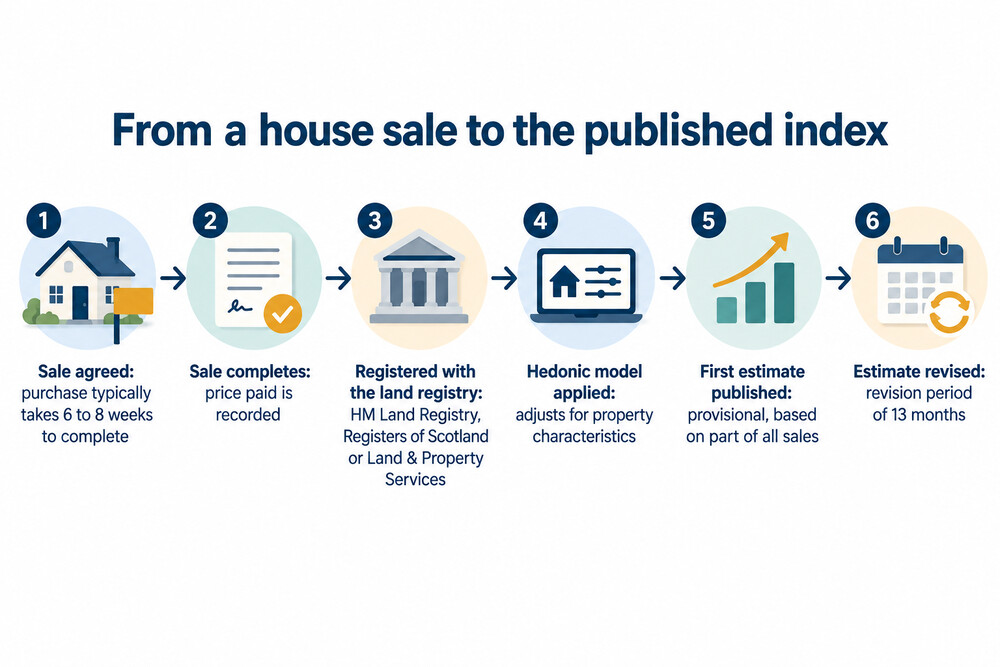 How a completed house sale becomes part of the UK House Price Index, from sale to revised estimate