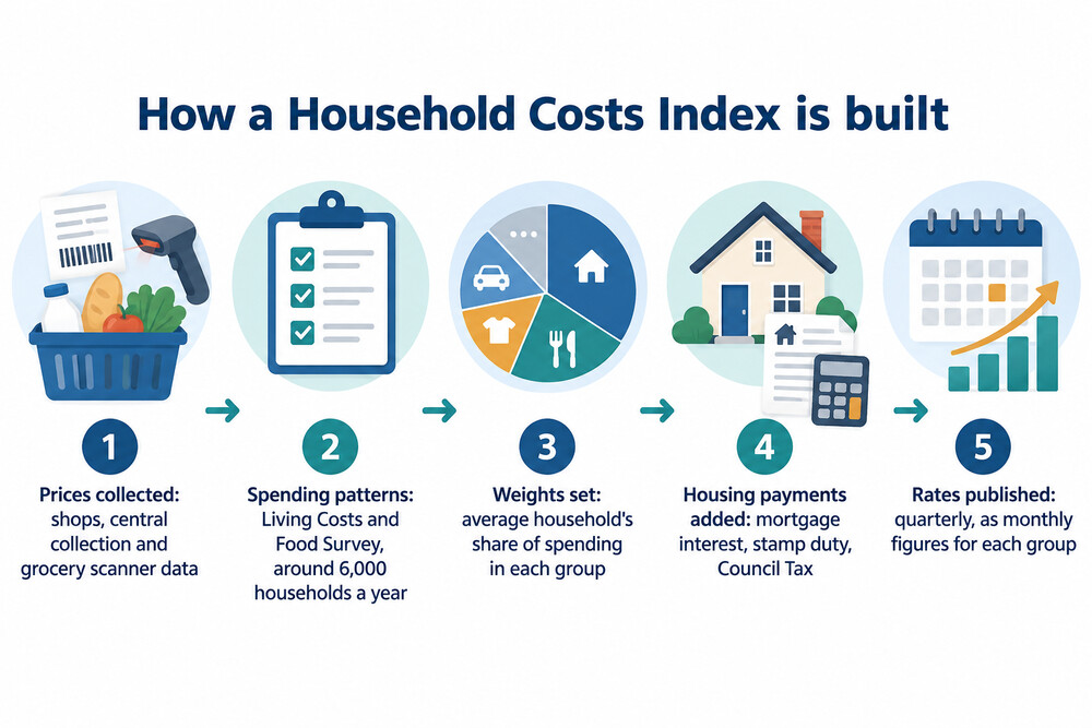 How the HCI is assembled: prices collected from shops and scanner data, weighted by each household group's spending from the Living Costs and Food Survey