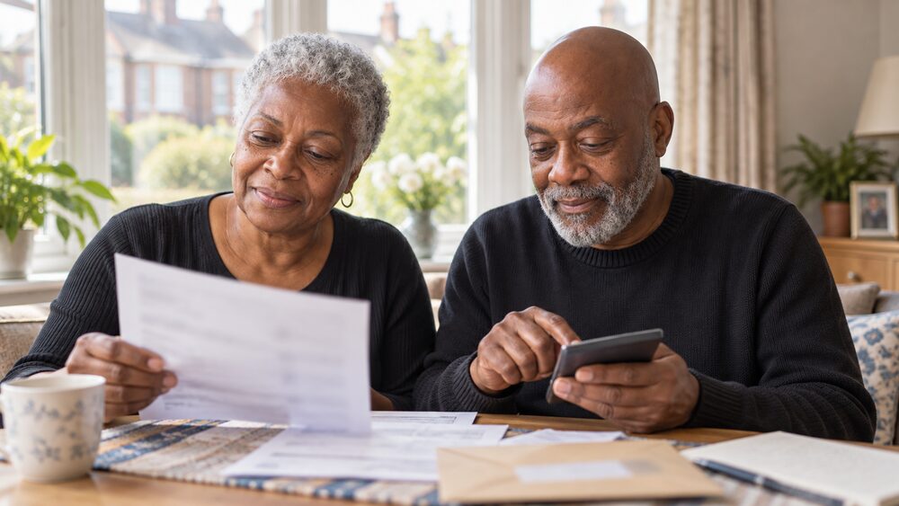 A retired couple sit at a window table with bills and a calculator.