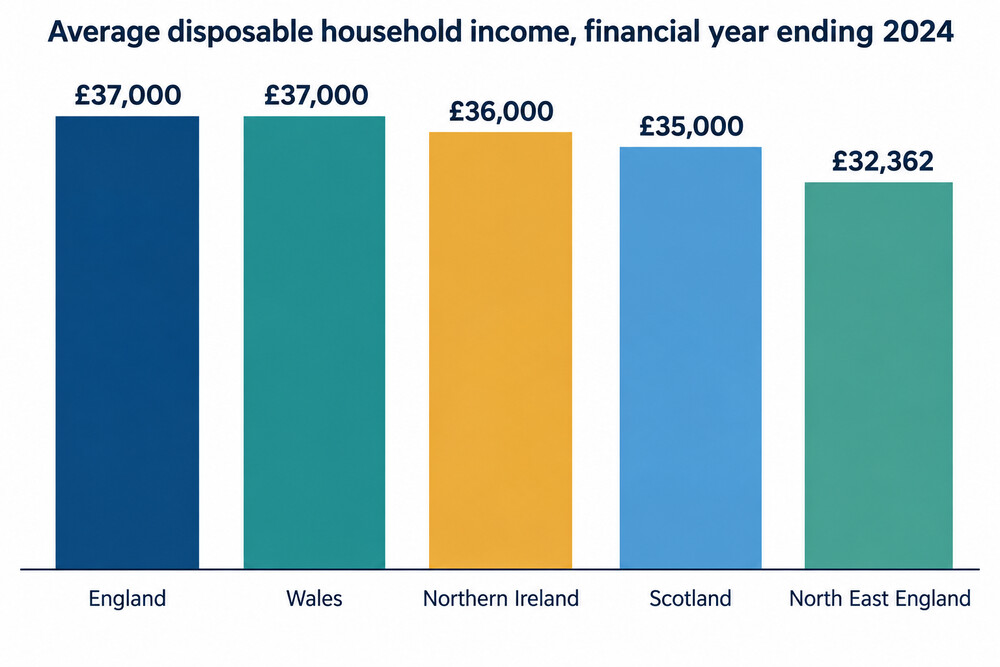 How average disposable household income compares across the four nations and the lowest English region