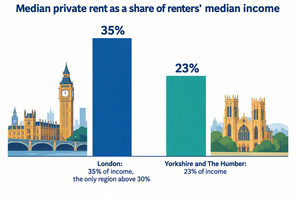 A chart comparing the share of income that renting households spend on rent in each region