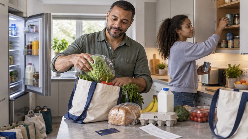 A father and daughter unpack shopping bags in a kitchen with a bank card on the counter.