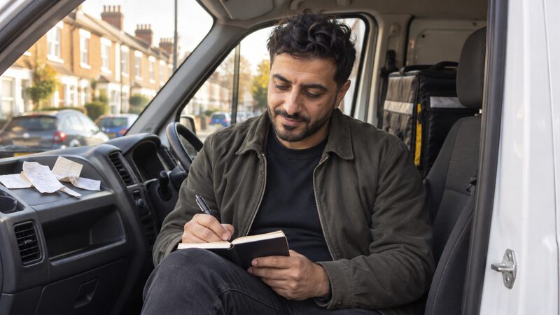 A delivery driver sits in his van writing in a spending diary with receipts nearby.