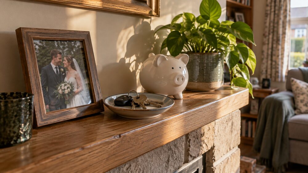 A mantelpiece holds a framed photo, house keys, a piggy bank and a potted plant.