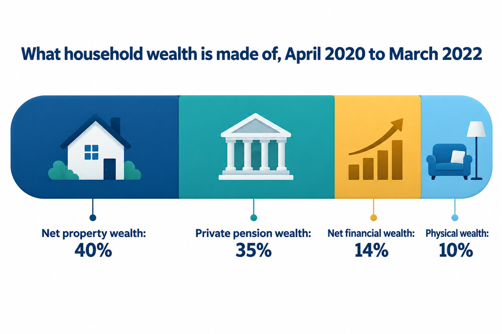 How household wealth in Great Britain was made up, April 2020 to March 2022