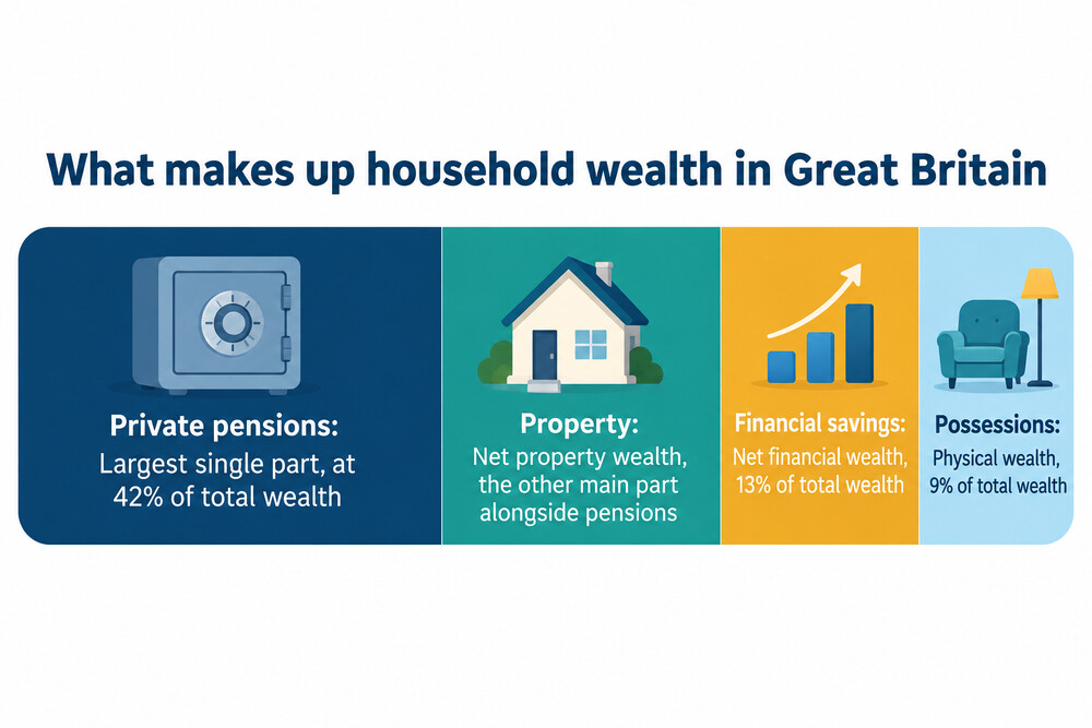 A simple chart showing the four components of household wealth and how large each is