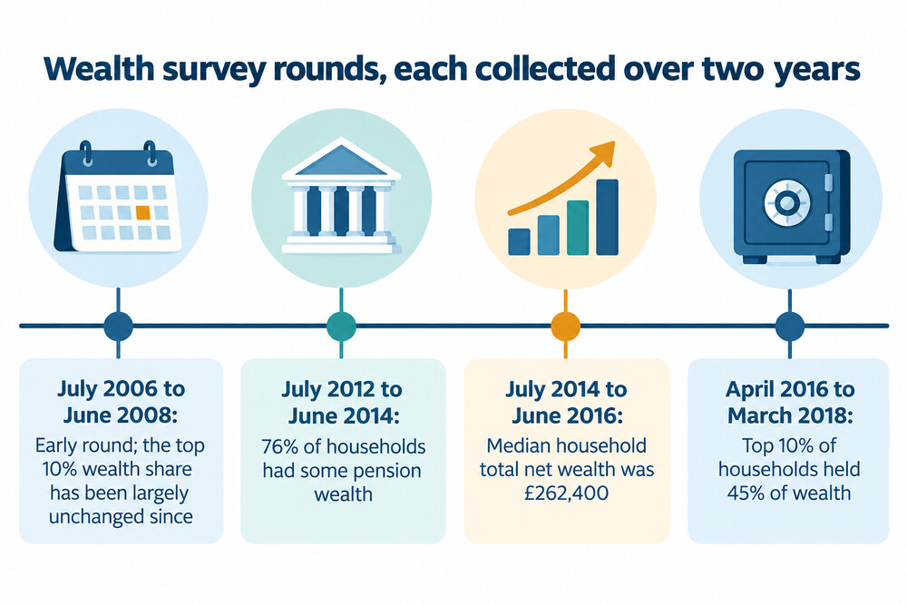A diagram showing how the Wealth and Assets Survey moves through its two-year rounds, from data collection to publication